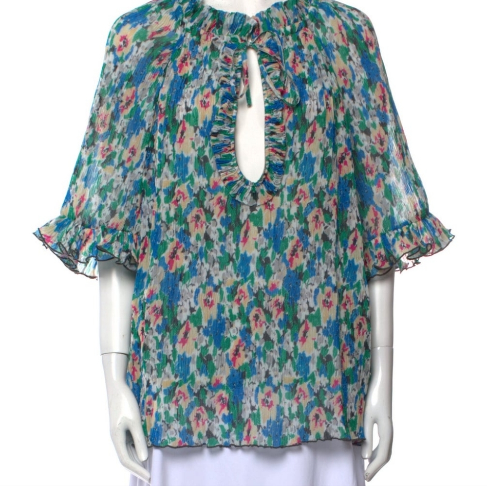 Ganni Women's Medium US6, DK36 RUFFLE FLORAL PLISSÉ-GEORGETTE TOP New - Picture 2 of 4